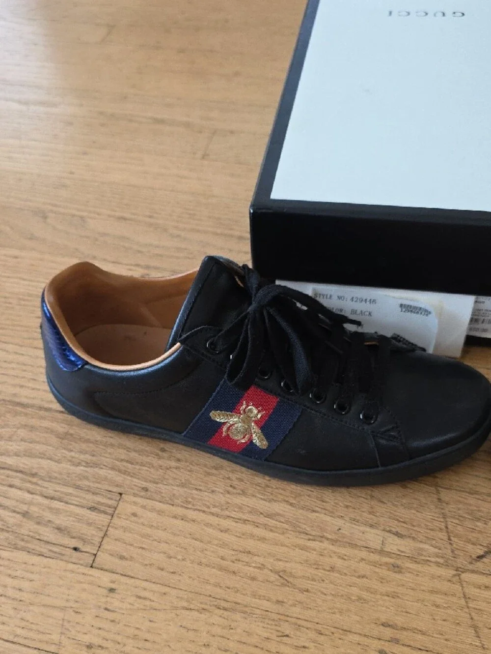 Gucci Black Leather Low-Top Sneakers with Red & Navy Web and Gold Bee